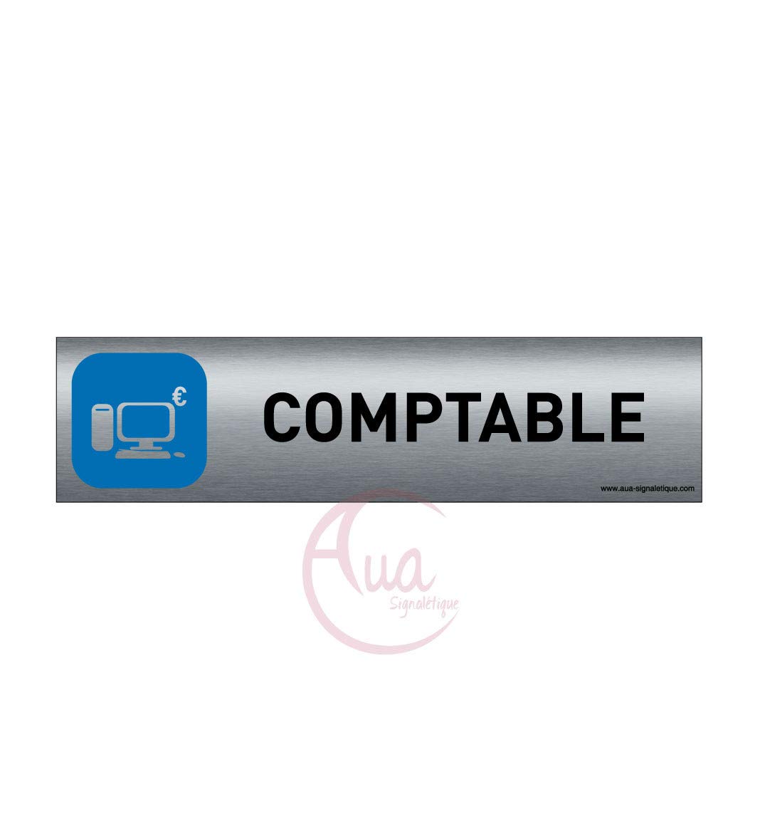 AUA SIGNALETIQUE - Plaque de porte Aluminium brossé imprimé AluSign - 200x50 mm - Double Face adhésif au dos - Impression UV directement sur l'aluminium (Pas de contre collage) (Comptable)