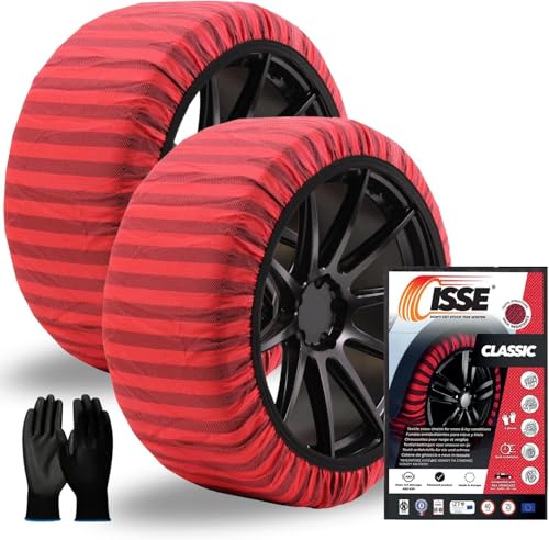 ISSE Calze da Neve Omologate Italia EN 16662-1 – 2 Catene da Neve in Tessuto per Auto Facili da Installare - Resistenti - Guanti Inclusi 54