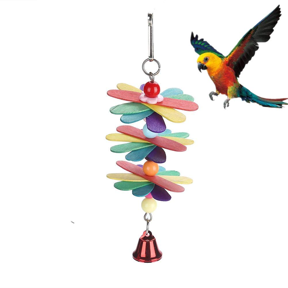 Wooden Popsicle Sticks Toy with Colorful Beads & Metal Bell for Birds Parrot Parakeet Cockatiel Lovebird Chewing Grind Teeth Pet Cage Supplies