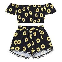 succeedtop Women Off Shoulder Sunflower Print Crop Tops Tassel Shorts Two-Piece Outfit Short Sleeve T-Shirt Blouse Shirt Tassel Pants Set for Women Summer Basic Blouse Sweatshirt Clothing Black，S