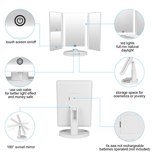 36 LED Nature Daylight Lighted Makeup Mirror,Tri-Fold Lighted Vanity Makeup Mirror with 3X/2X Magnification and Touch Screen Dimming Makeup Mirror, 180 Degree free Rotation, Countertop Cosmetic Mirror