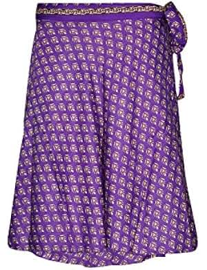 Women's Short Wrap Skirt Purple Premium Silk Two Layer Reversible Boho Sari Skirts