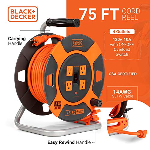 BLACK+DECKER Retractable Extension Cord Reel, 75 ft, with 4 Outlets
