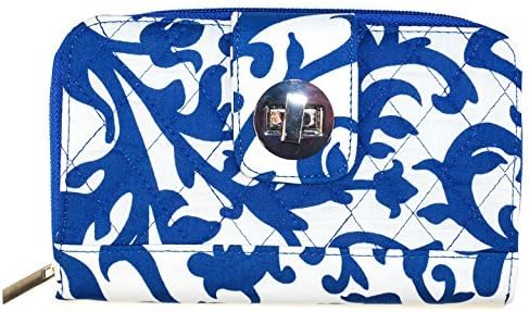 Turn Lock Quilted Double Zip Around Wallet, Damask (Royal Blue)