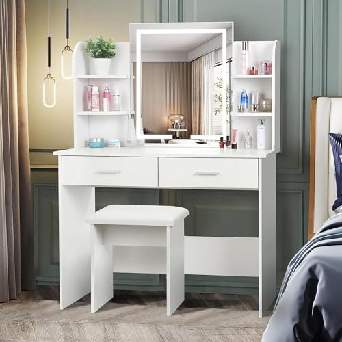 Dopwii Tocador Vanity con Espejo LED, Tocador de Maquillaje Vintage Blanco con Enchufe Incorporado y Tira de Luces RGB, Escritorio con 2 Cajones