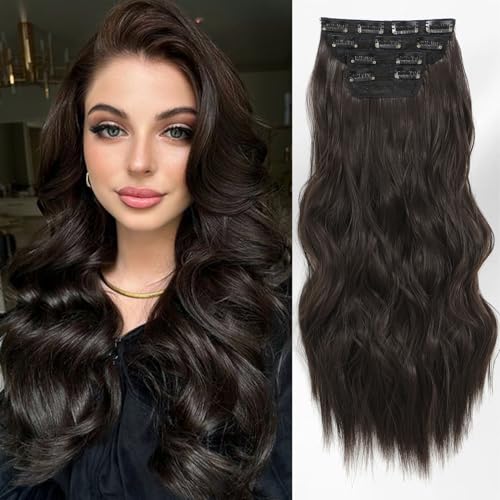 Photo 1 of HaEver Clip In Hair Extensions Dark Brown Hair Extensions Clip Ins Long Wavy Soft and Thick Fiber Hair Extensions 4PCS Lightweight Synthetic Hair Extension Hairpieces for Women, 20 Inch