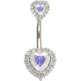 Excepro 14G(1.6mm) Double Heart Cubic Zirconia Navel Belly Button Ring 316L Stainless Steel Bar Piercing Jewelry