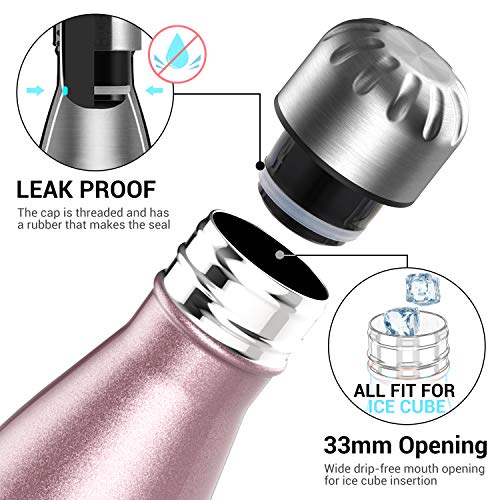 Sportneer Botella de Agua, Botella Doble Pared Aislada al Vacío de Acero Inoxidable, Botella de Agua, BONOS Cepillo de Limpieza y Funda de Botella (Oro Rosa, 500ml)