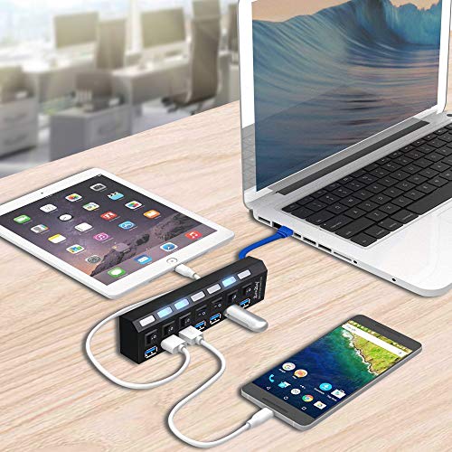 USB 3.0 HUB Splitter for Ps4,2win2buy 7 Port High Speed USB Data Hub Individual On Off Switches & Lights for Laptop PC Computer Mac Flash Drive Playstation 4 Slim Pro (No AC Adapter)