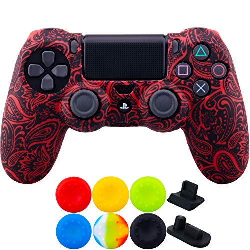 9CDeer 1 Piece of SiliconeTransfer Print Protective Cover Skin + 6 Thumb Grips & Dust Proof Plugs for PS4/Slim/Pro Controller Foliage Red