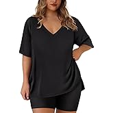 RITERA Plus Size 2 Piece Outfits For Women Shorts Sleeve Biker Shorts Summer Tracksuit V Neck Spilt Hem XL-5XL