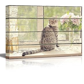 Canvas Wall Art - Cat Sitting on The Windowsill on Vintage Wood Textured Background - Rustic Country Style Modern Giclee Print Gallery Wrap Home Art Ready to Hang - 12" x 18"