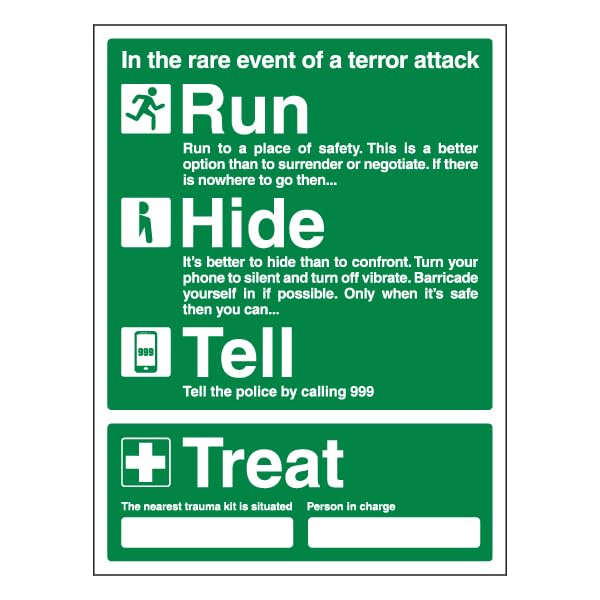 Bleedsave Run, Hide, Tell & Treat - Nearest Trauma Kit/Person in Charge 300 x 400mm - 3mm Aluminium Composite Safety Sign