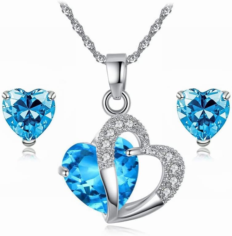 TOFBS Heart Jewelry Set Pendant Necklace Earrings Set Cubic Zirconia for Women Girls Bridal Jewelry Set Weddings Party Birthday Anniversary Christmas Mothers Day Valentine's Day Gifts (Blue)