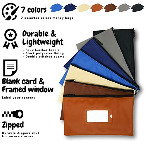 Money Bank Deposit Bag with Zipper | 11x6 inch | 7 Days 7 Pieces 7 Colors | Durable Leatherette Money Cash Coin Check Wallet Pouch with Framed ID Window and 7 Blank Card | Classic | by GIDABRAND