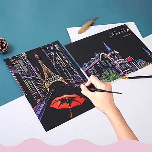 Eraimp Scratch & Sketch Art Paper A4 for Kids & Adults, Scratch Art Rainbow Painting Paper, Night View Scratchboard, Sketch Pads, Engraving Art Set: 4 Scratch Cards, Scratch Drawing Pen, Clean Brush - Thumbnail 4