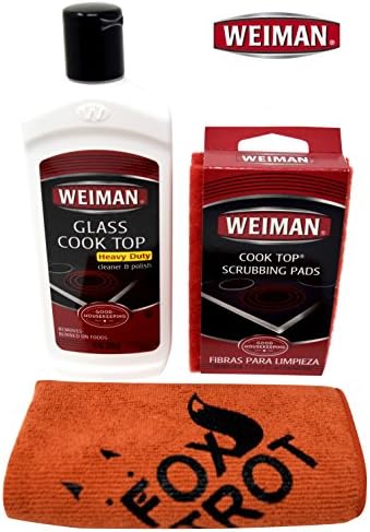 Glass Cooktop Complete Kit - Shine and Protect - Weiman 10 OZ Heavy Duty Cleaner and Polish | Weiman 3Pack Cooktop Scrubbing Pads | One Foxtrot TM Microfiber Cloth