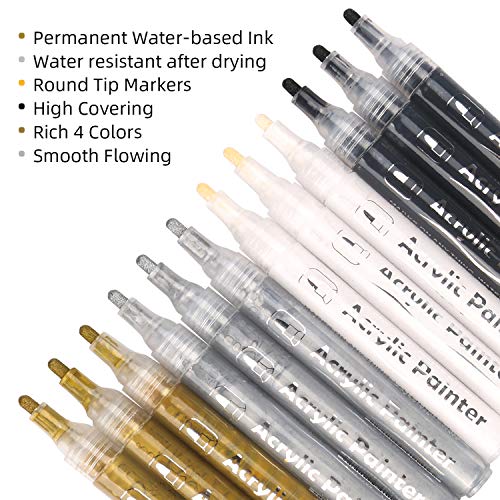 AVAVA Acrylic Paint Pens, 12 Pack (3 Black 3 White 3 Gold 3 Silver) 3mm Permanent Painting Markers DIY Craft for Rock Ceramic Glass Wood Plastic Canvas Fabric Mug, Quick Dry, High Volume Ink