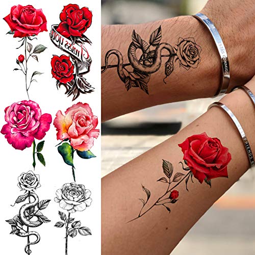 Vantaty 8 Sheets Petal 3d Black Flower Rose Temporary Tattoos For Women Waterproof Fake Body Art Arm Sketch Tattoo Stickers For Girls Shoulder Arm Leaf Tatoo Adults Beauty Pricepulse