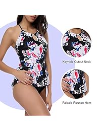 Joymode Traje de baño tipo vestido, impresión de hojas, cuello halter, traje de baño de dos piezas