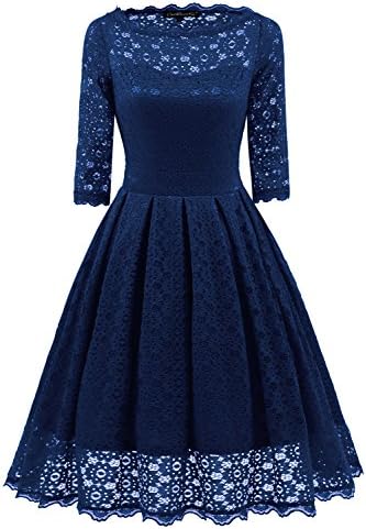 Avril Dress Women's Retro Vintage Style Floral Full Lace Dress 1/2 Sleeve Boat Neck Cocktail Party Big Swing Dress-S-Navy