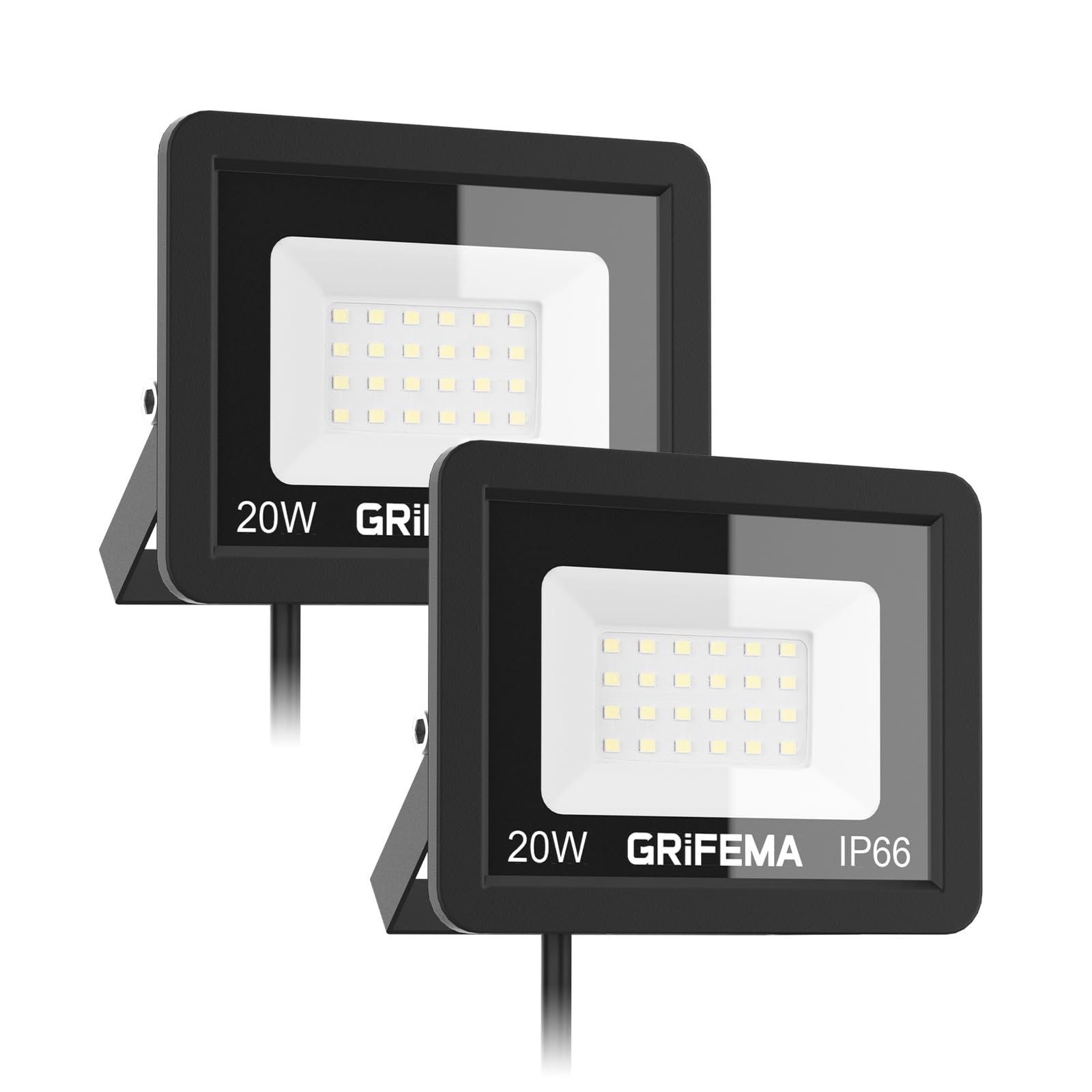 GRIFEMA 20W LED Floodlight Outdoor, 2200LM, 6500K Cool White, IP66 Waterproof, Adjustable 180° Bracket, Security Lighting for Garden, Garage, Yard, Pack of 2, No Plug​