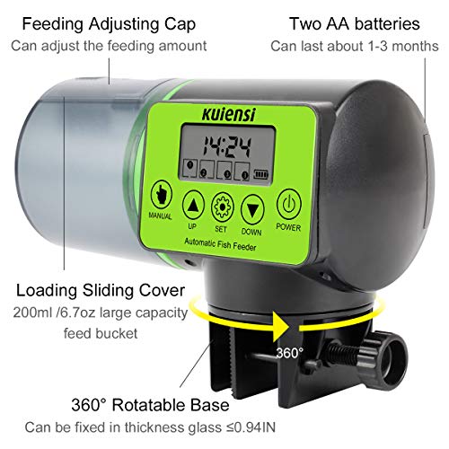 KUIENSI Automatic Fish Feeder, Vacation Fish Food Dispenser for Aquariums with Moisture-Proof System, Accurate Feeding Suitable for Granulated Flakes and Other Fish Foods