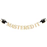 Babycop Masters Graduation Decorations β Pre-Strung Mastered It Banner, Mastered Graduation Banners Decors Champagne Gold Glitter Grad Banner, College Grad Party Decorations (9.84FT)