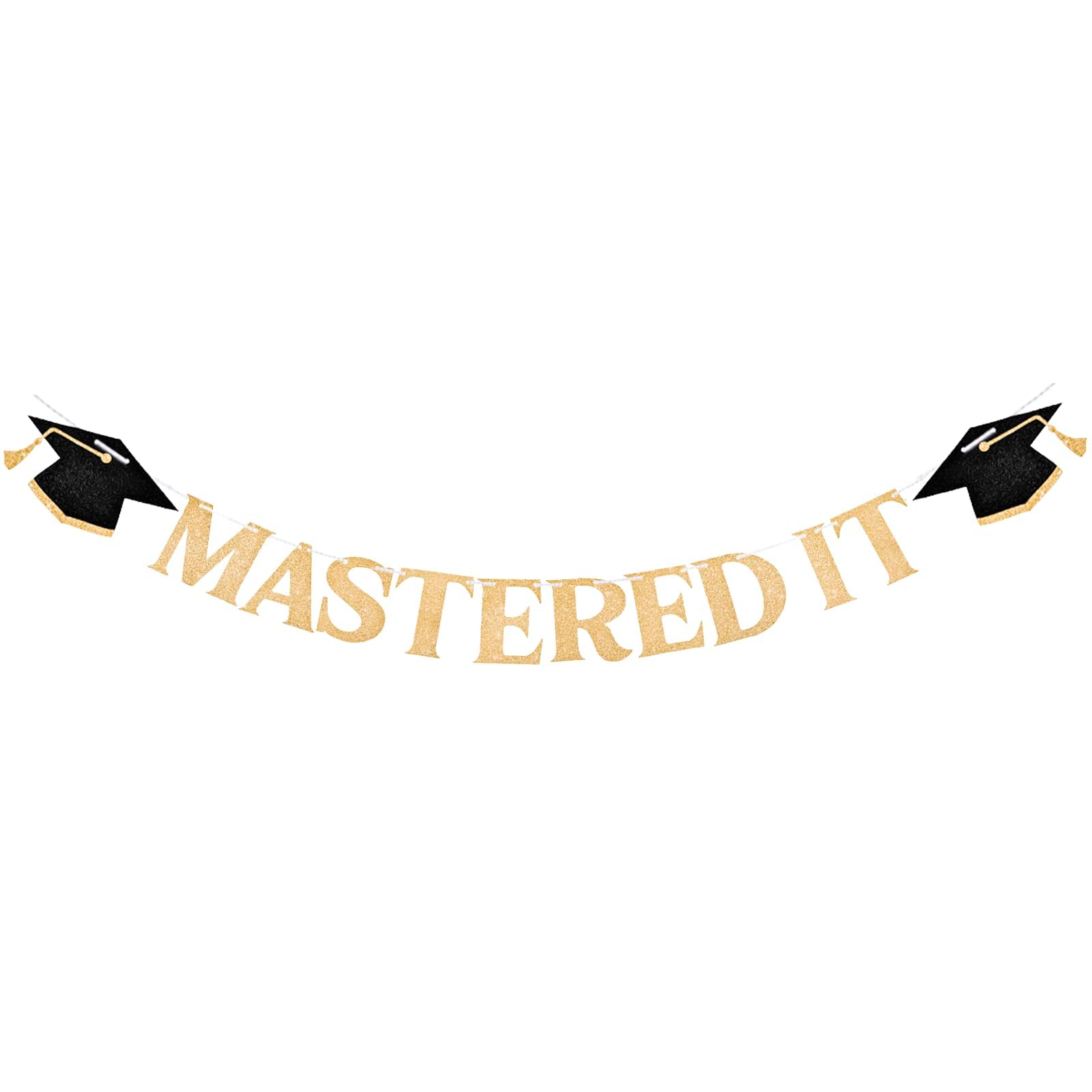 Photo 1 of Babycop Masters Graduation Decorations – Pre-Strung Mastered It Banner, Mastered Graduation Banners Decors Champagne Gold Glitter Grad Banner, College Grad Party Decorations (9.84FT)