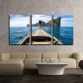 3 Piece Canvas Wall Art - Traditional Wooden Boat Approaching Picture Perfect Tropical KOH Phi Phi Island - Modern Home Art Stretched and Framed Ready to Hang - 16"x24"x3 Panels