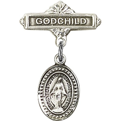 Sterling Silver Baby Badge with Miraculous Charm and Godchild Badge Pin 1 X 5/8 inches