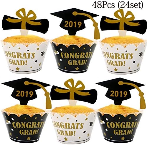 YuBoBo 2019 Graduation Cupcake Toppers, Food/Appetizer Picks for Graduation Party Mini Cake Decorations, Diploma, 2019, Grad Cap Set 48 Pieces (Toppers&Wrappers)
