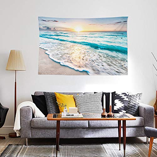 HIYOO Home Nature Art Wall Hanging Fabric Tapestry, Tropical Ocean Sea Coast Sand Beach Waves Theme Design, Decor for Party, Dorm Room, Bedroom,Living Room 90" W x 60" H - Sunrise