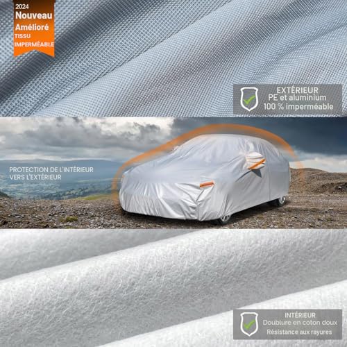 Kayme Waterproof Breathable Car Cover 6 Layers Outdoor Rain Sun Dust Cover with Zip and Cotton Lining for Sedan/Estate 470 to 490 cm, 3XL