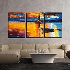 3 Piece Canvas Wall Art - Original Oil Painting of Lighthouse and Boats on Canvas - Modern Home Art Stretched and Framed Ready to Hang - 16"x24"x3 Panels