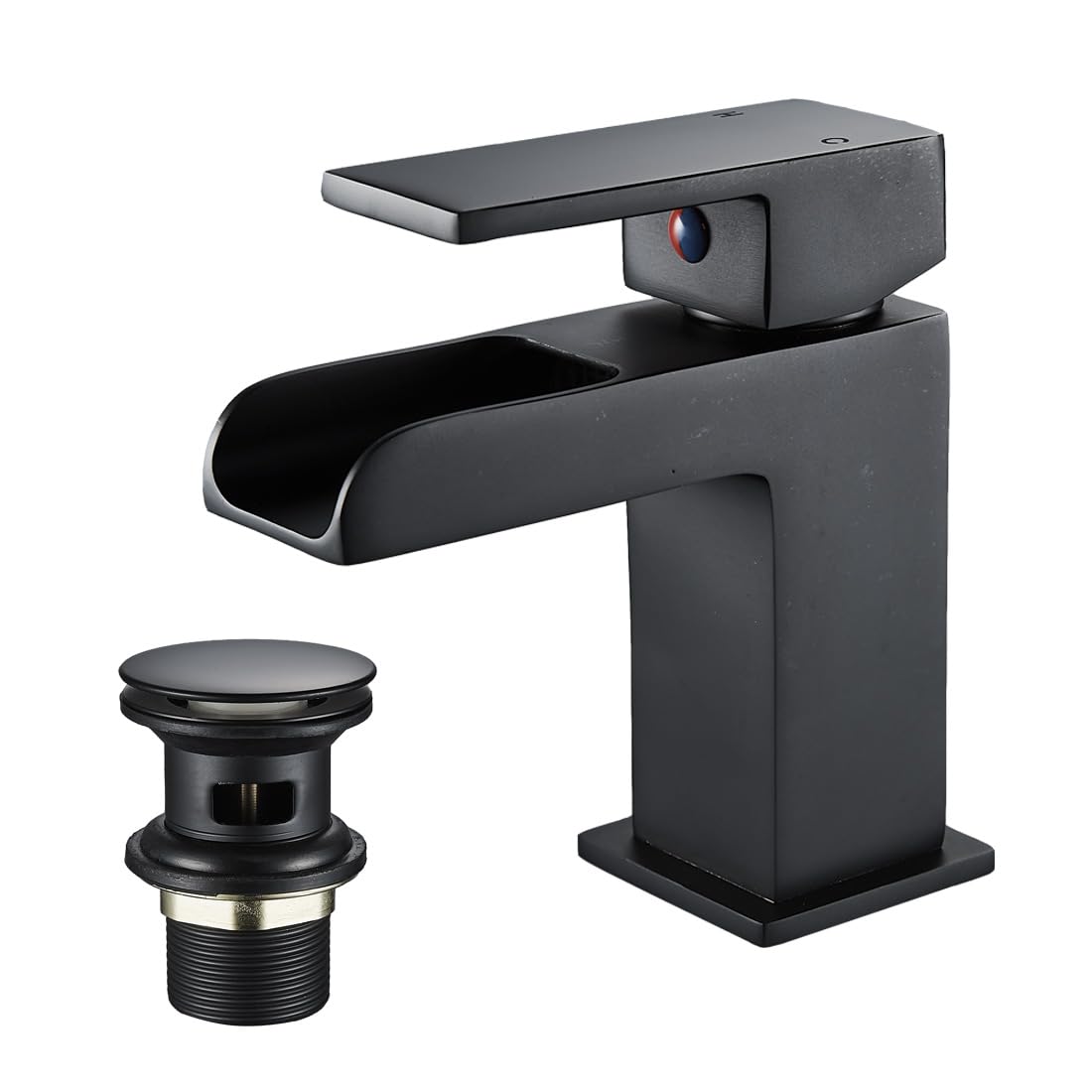 Luckyhome Waterfall Basin Taps with Waste,Bathroom Single Lever Chrome Plated Brass Sink Mixer Tap（Black）