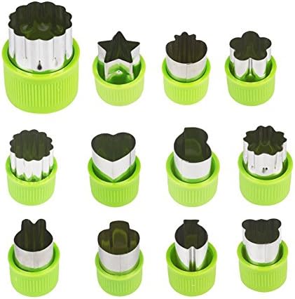 Vegetable Cutter Shapes Set, Mini Cookie Cutters for Kids, Flower Star Cartoon Animals Fruit Mold Heart Stamps Decorating Tools for Food Making Cooking Tips, Green, 12Pcs