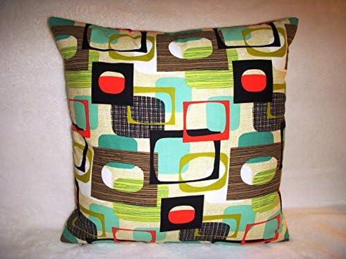 1950 Pillow Cover Reproduction Fabric Eames Era Mid Century Red Black Turquoise Olive Brown Stripe White Cream Lime Squares Frames Zipper