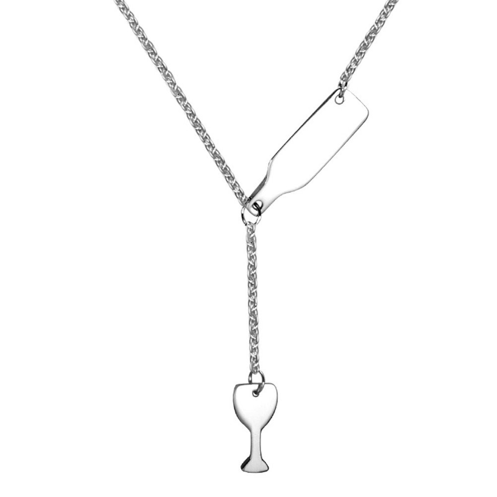 PAURO Women's Stainless Steel Wine Bottle Beer Cup Pendant Y Necklace, Silver