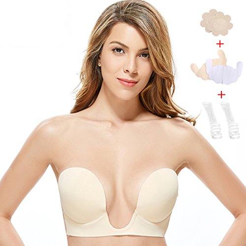 Gempack Push Up Adhesive Silicone Bra Deep U-Shaped Reusable Strapless Backless Invisible Bra For Women (Beige, B)