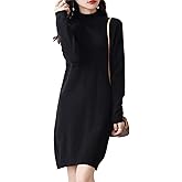 Ailaile 100% Merino Wool Sweater Dress Women's Long Sleeve Mock Neck Pullover Autumn Winter Knitted Long Jumper