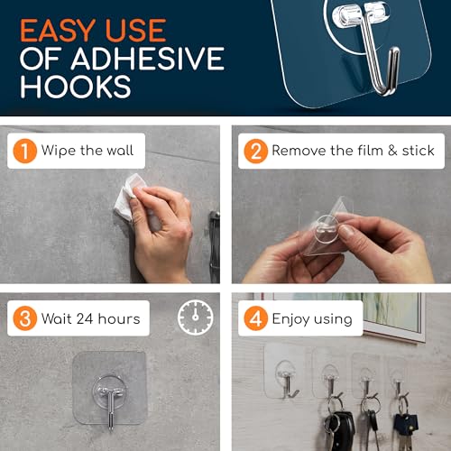 GLUIT Adhesive Wall Hooks for Hanging Heavy Duty 22 lbs Hooks for Walls No Drill, Towel Sticky Clear Hook, Waterproof, Home, Bathroom, Kitchen, Office, and Outdoor 12 Pack