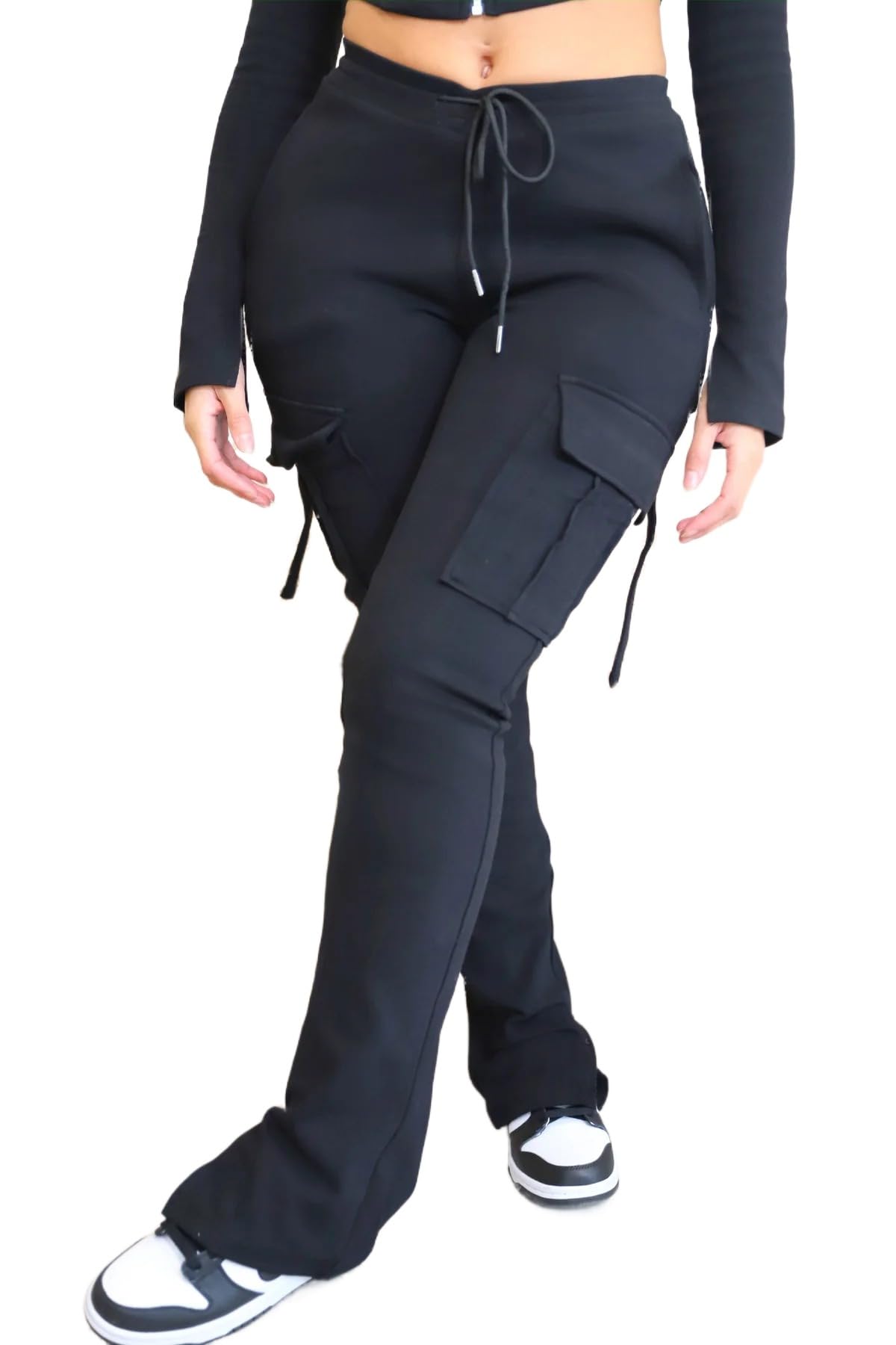 Photo 1 of SHINFY Cargo Sweatpants for Women Drawstring High Waisted Casual Stretchy Cargo Pants Joggers Leggings with Pockets Black