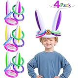 4 Pack Easter Inflatable Bunny Rabbit Ears Ring Toss Game for Kids Easter Party Toy Gifts for Carnival Outdoor Game Easter Party Supplies, 4 Colors Girl Boy Easter Basket Stuffers Hat with 16 Rings