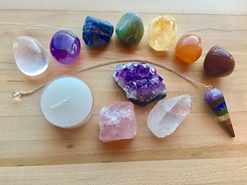 13 pc Chakra Healing Balancing Crystal Kit with Instructions 7 Chakra Tumble Stones, Chakra Pendulum, Amethyst Cluster, Raw Rose Quartz and Crystal Point/ Reiki and Meditation