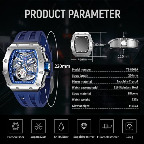 TSAR BOMBA Men's Automatic Watches Luxury Men's Watch Stainless Silicone Strap Waterproof Big Dial Gift 8228