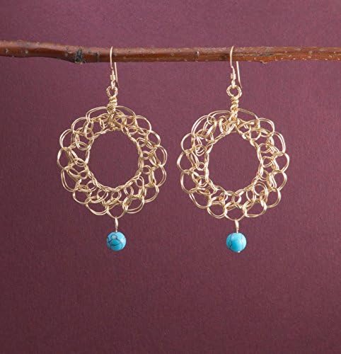 14k Gold Filled Filigree Earrings with Simulated Turquoise Handmade Lace Wire Crochet Jewelry