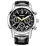 HOWK Men's Stopwatch with Date Analog Black Luminous Dial Stainless Steel Case and Leather Band
