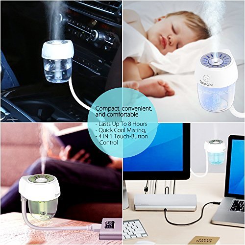 USB Car Diffuser, Homecube Ultrasonic Cool Mist Humidifier Car Air Freshener with 360°Rotation Micro Cable and 7 Color LED Lights for Office Home Vehicle Travel (white)