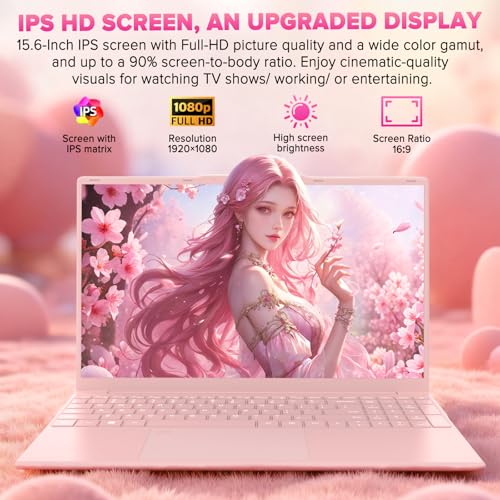 Auusda Lightweight Portable Pink Laptop, Win 11 Pro, 4-Core Processor,15.6" FHD IPS, Backlit Keyboard, Privacy Camera, Fingerprint Reader, USB 3.0, HDMI, for Business Work Study, 8GB RAM 128GB SSD | Backlit Keyboard, Fingerprint Sensor, USB 3.0*2, 6000mAh, Ideal for Student & Business